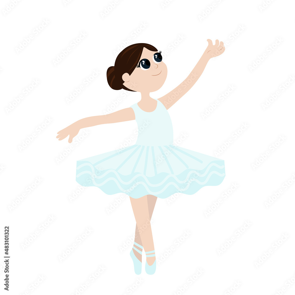 Naklejka premium A cute ballerina in a tutu dances lightly and gracefully. Child girl dancer and she is happy. Cartoon flat style for kids dance school design or professions illustration.