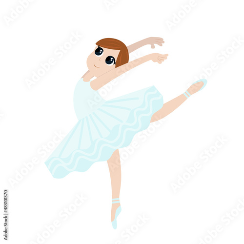 A ballerina girl in a ballet tutu dances lightly and gracefully with her arms thrown back and her leg raised. She is a dancer and she is happy. Cartoon flat style for kids dance school design.