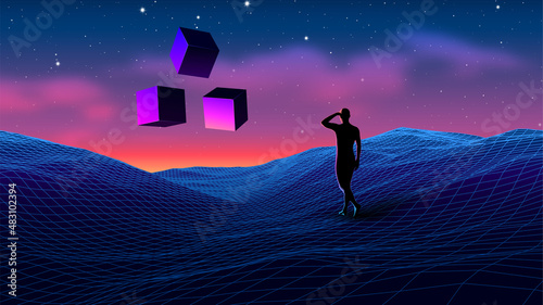 Sci-fi scene with traveller watching the sacred monument of cubes. Vaporwave aesthetics or 80s style fantasy background with abstract esotheric mood