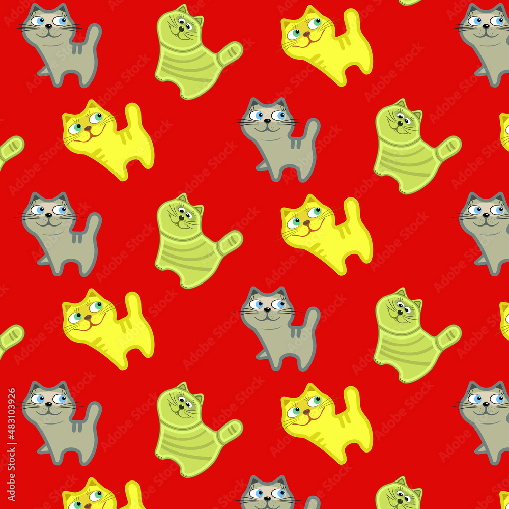 Animals. Infinite pattern. Stylized image of cute kittens. Vector drawing, print.