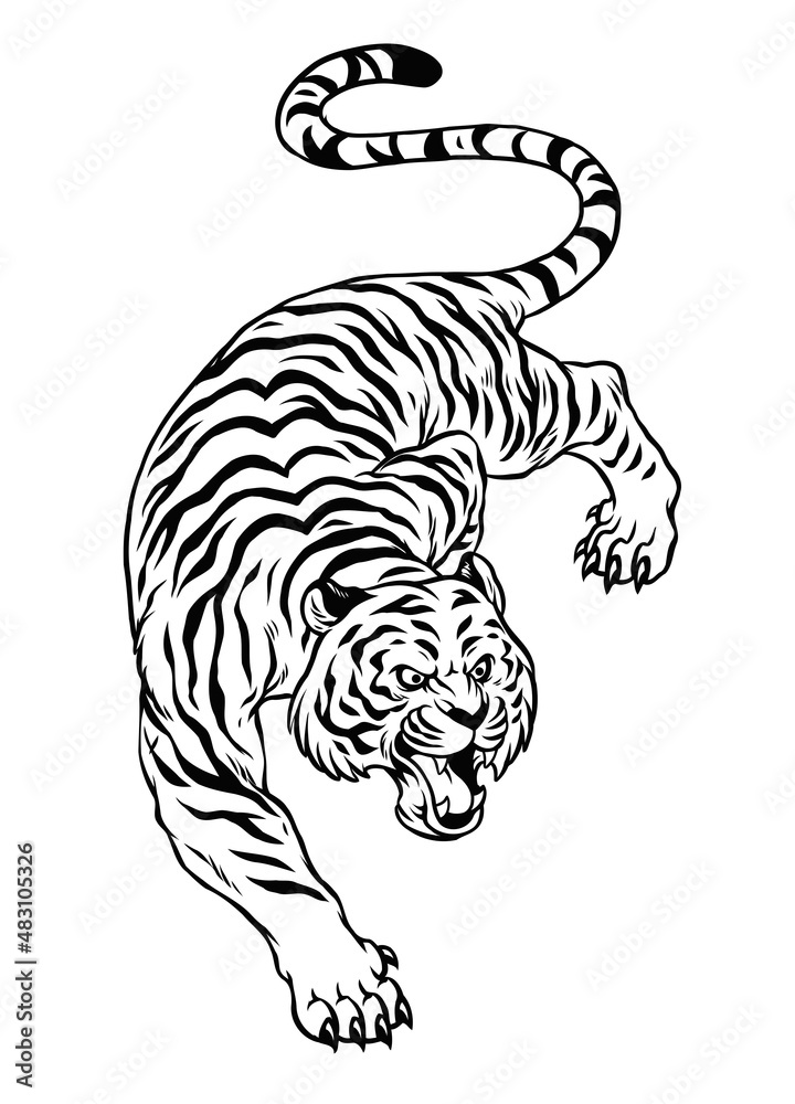 Hand Drawn Crouching Tiger in Black and White style Stock Vector