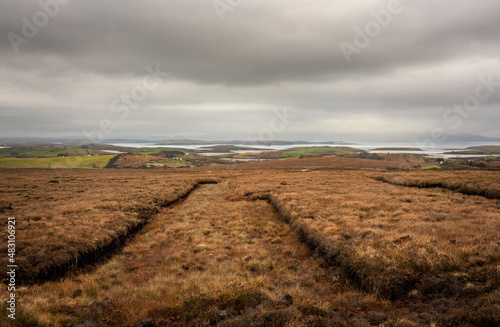 Traces of turfcutting in the vast peatlands between Mulrany and Newport in county Mayo. Stunning views of Clew Bay in the distance.In Ireland, peat is still widely cut for mainly domestic use.