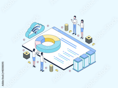 Accounting Seminar Isometric  Illustration Lineal Color. Suitable for Mobile App, Website, Banner, Diagrams, Infographics, and Other Graphic Assets.