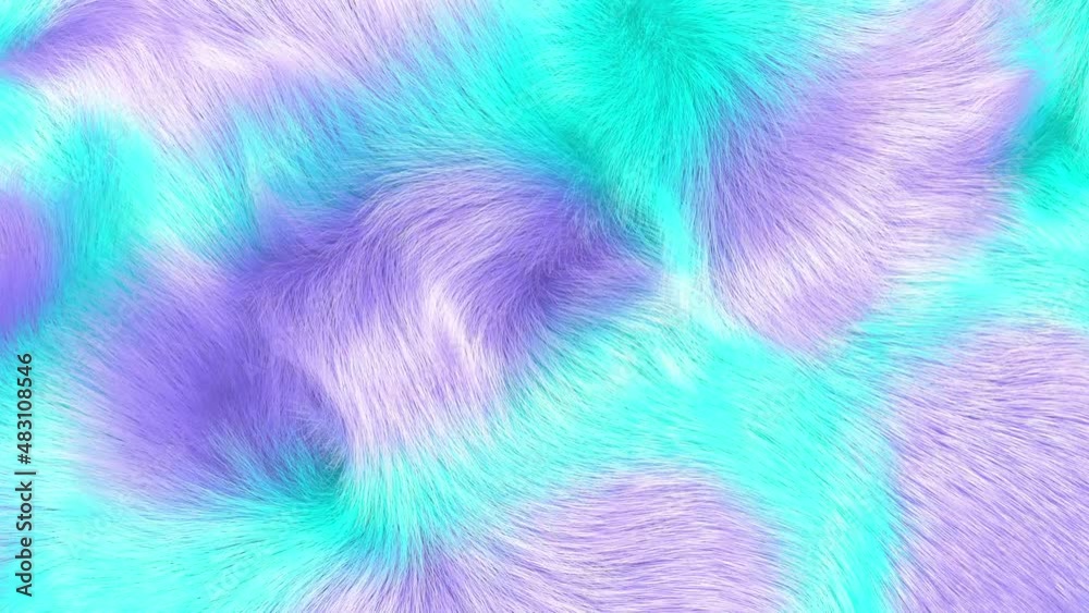 Gently waving turquoise and purple plush monster fake fur texture. Colorful abstract fur background, 3D animation.