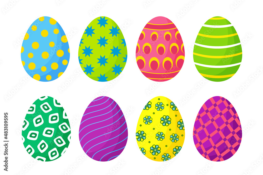 A set of colorful Easter eggs with a festive design isolated on a white background. A set of colorful Easter eggs with a festive design isolated on a white background.