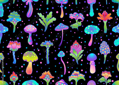 Colorful flowersl and mushrooms seamless pattern, retro 60s, 70s hippie style...