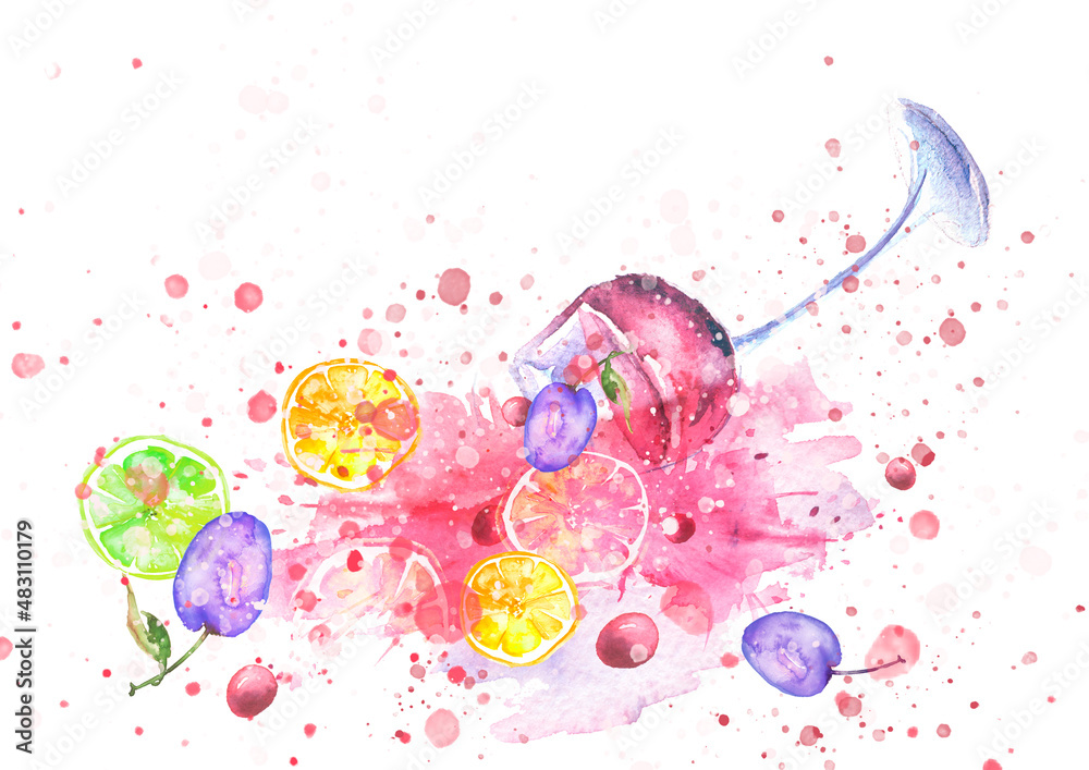 Watercolor drawing. Spilled wine, a fallen glass, a wine glass. Splash paint, a spilled drink, a spray. The illustration is made in watercolor.Fruit cocktail, wine. Citrus, grapes, plums, strawberries Watercolor drawing. Spilled wine, a fallen glass, a wine glass. Splash paint, a spilled drink, a spray. The illustration is made in watercolor.Fruit cocktail, wine. Citrus, grapes, plums, strawberries
