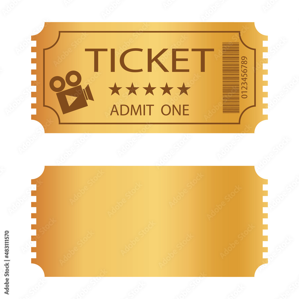 Ticket, golden color retro ticket isolated on white background. Vector, cartoon illustration. Vector.