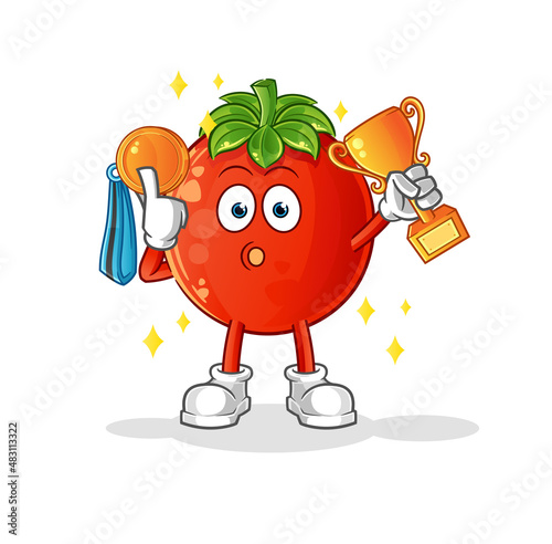 tomato winner with trophie. cartoon character