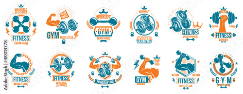 Gym fitness sport emblems and logos vector set isolated with barbells dumbbells kettlebells and muscle body man silhouettes and hands, athletics workout sport club, active lifestyle.