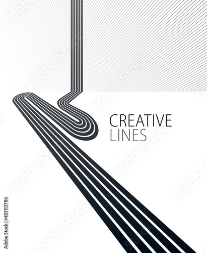 Linear composition vector road to horizon, abstract background with lines in 3D perspective, optical illusion op art, black and white monochrome.