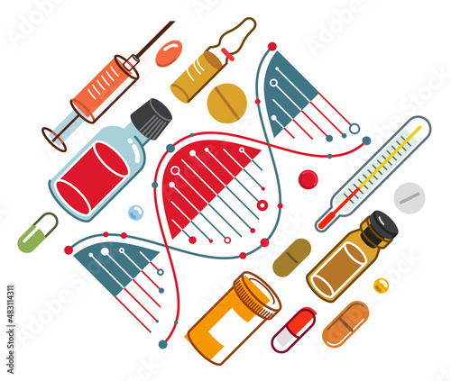 DNA strand based medical theme composition with lots of different drugs and meds vector illustration isolated, drugstore or medical biotechnology scientific research.