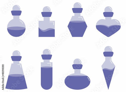 Potion, set of magical, love elixirs in a bottle in one color, elements and stickers for Valentine's Day, artifact or antidote in the game, vector monochrome image.