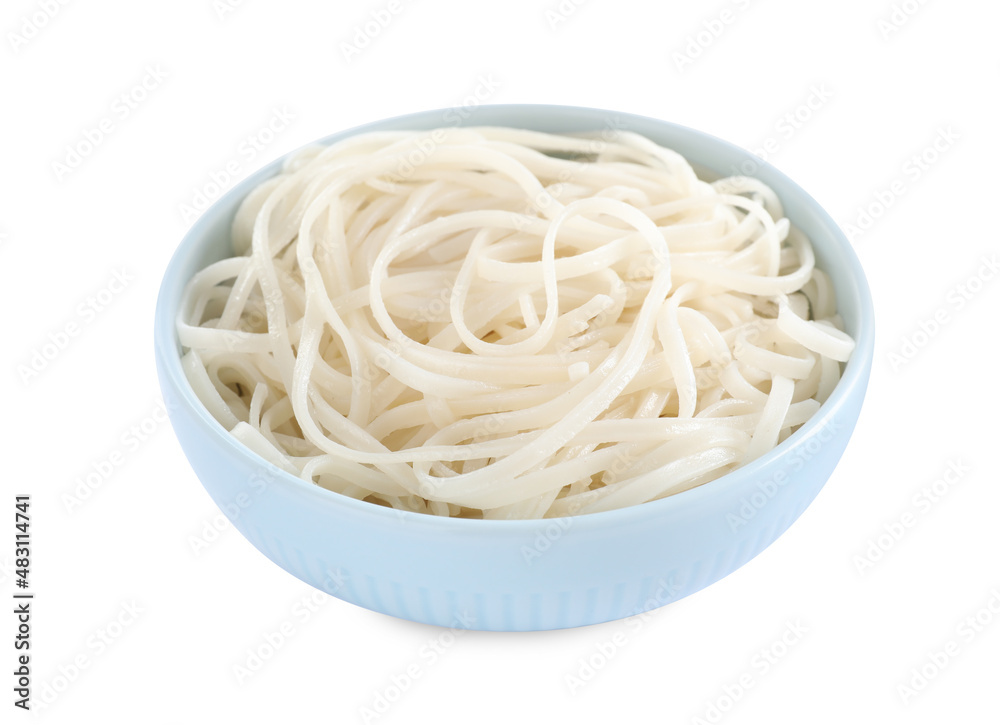 Bowl of tasty cooked rice noodles isolated on white Bowl of tasty cooked rice noodles isolated on white
