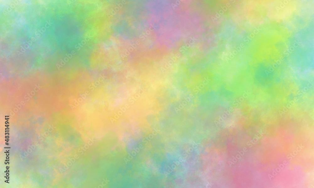 Abstract translucent watercolor background in green, yellow, purple, pink and orange tones. Copy space, horizontal banner.
