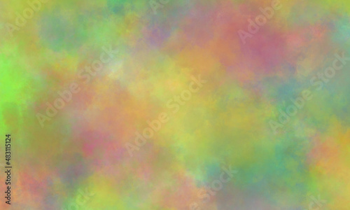 Abstract translucent watercolor background in green  yellow  blue  purple and orange tones. Copy space  horizontal banner.