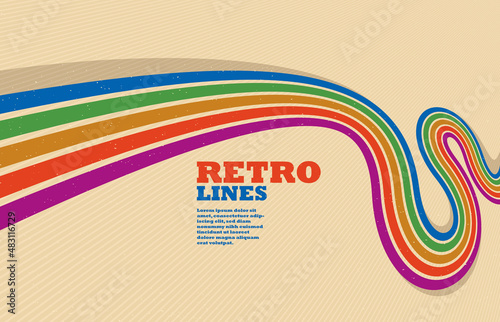 Retro style abstract background with curve lines in all colors of rainbow, 3D dimensional seventieth vector art.
