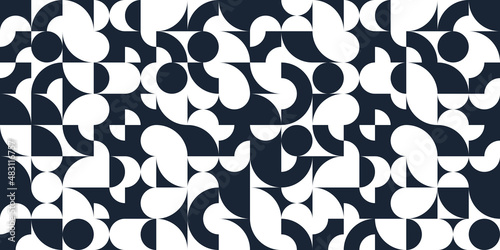 Abstract vector geometric seamless pattern, black and white simple geometric elements repeat tiles, wallpaper or website background, design background in retro style.