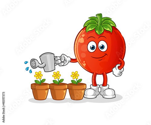 tomato watering the flowers mascot. cartoon vector