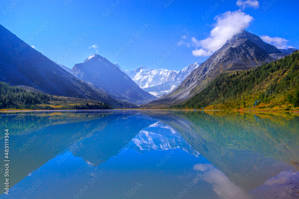 mountain landscape of Lake AkKem at the foot of the Belukha glacier in the Altai Mountains