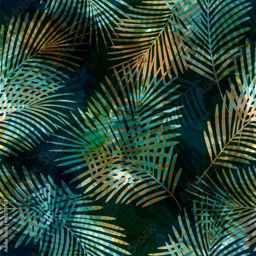 Tropical pattern, Exotic print, watercolor palm leaves seamless vector background. Leaves of palm tree jungle print on brush stains