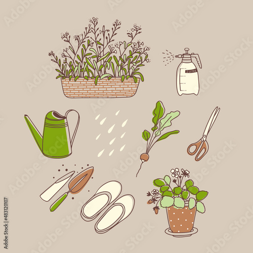 Gardening set. Vector illustration. Line art. Forget-me-nots, spray bottle, watering can, radishes, scissors, galoshes, potted strawberries