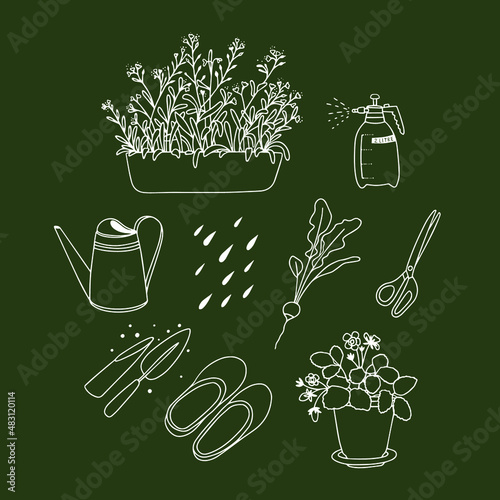 Gardening set. Vector illustration. Line art. Forget-me-nots, spray bottle, watering can, radishes, scissors, galoshes, potted strawberries