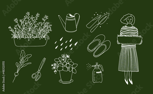 Gardening set. Vector illustration. Line art. Forget-me-nots, spray bottle, watering can, radishes, scissors, galoshes, potted strawberries