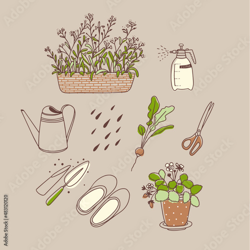 Gardening set. Vector illustration. Line art. Forget-me-nots, spray bottle, watering can, radishes, scissors, galoshes, potted strawberries