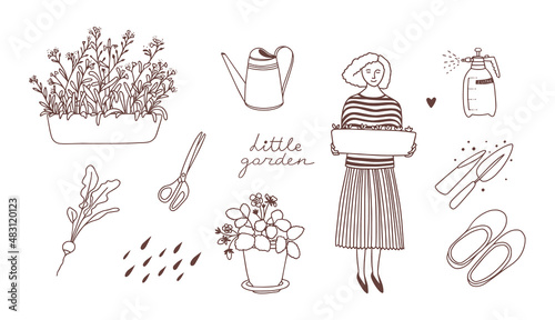 Gardening set. Vector illustration. Line art. Forget-me-nots, spray bottle, watering can, radishes, scissors, galoshes, potted strawberries
