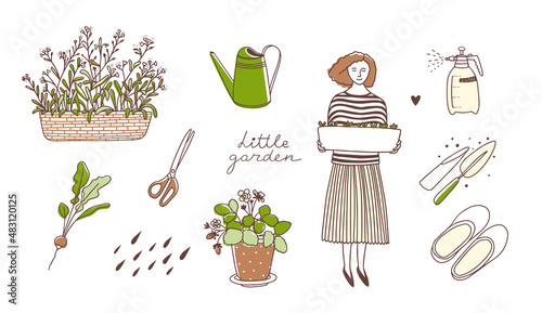 Gardening set. Vector illustration. Line art with colors. Forget-me-nots, spray bottle, watering can, radishes, scissors, galoshes, potted strawberries