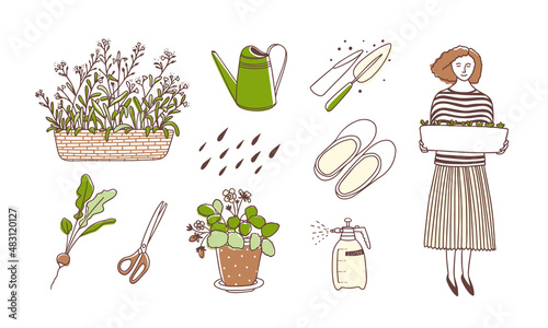 Gardening set. Vector illustration. Line art with colors. Forget-me-nots, spray bottle, watering can, radishes, scissors, galoshes, potted strawberries
