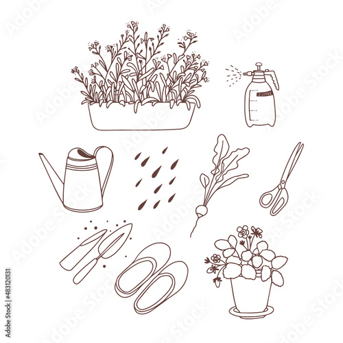 Gardening set. Vector illustration. Line art. Forget-me-nots, spray bottle, watering can, radishes, scissors, galoshes, potted strawberries