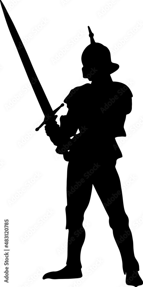 A medieval vector warrior with sword, axe, bow and spears. The silhouette of an assassin who attacks the enemy A medieval vector warrior with sword, axe, bow and spears. The silhouette of an assassin who attacks the enemy