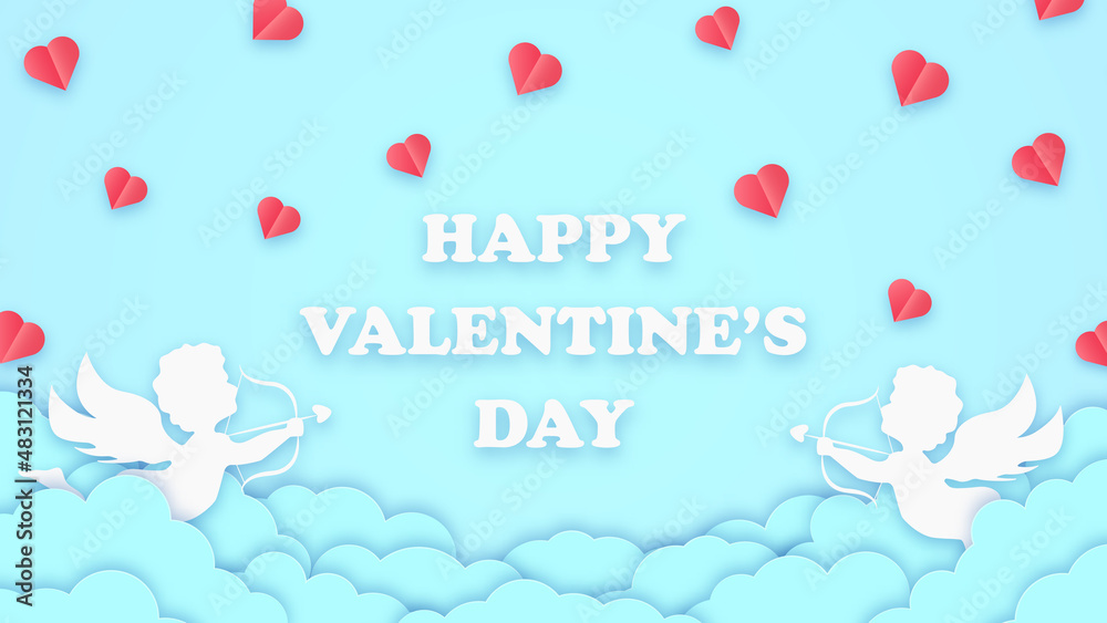 Happy valentines day greeting background in papercut style. Holiday blue banner with paper clouds, cupids and hearts. Place for text