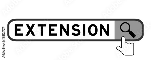 Search banner in word extension with hand over magnifier icon on white background