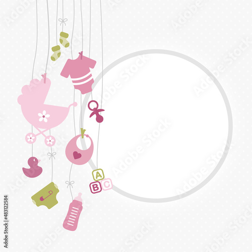Links Hängende Babysymbole Mädchen Rosa Olivgrün Runder Rahmen Punkte Grau