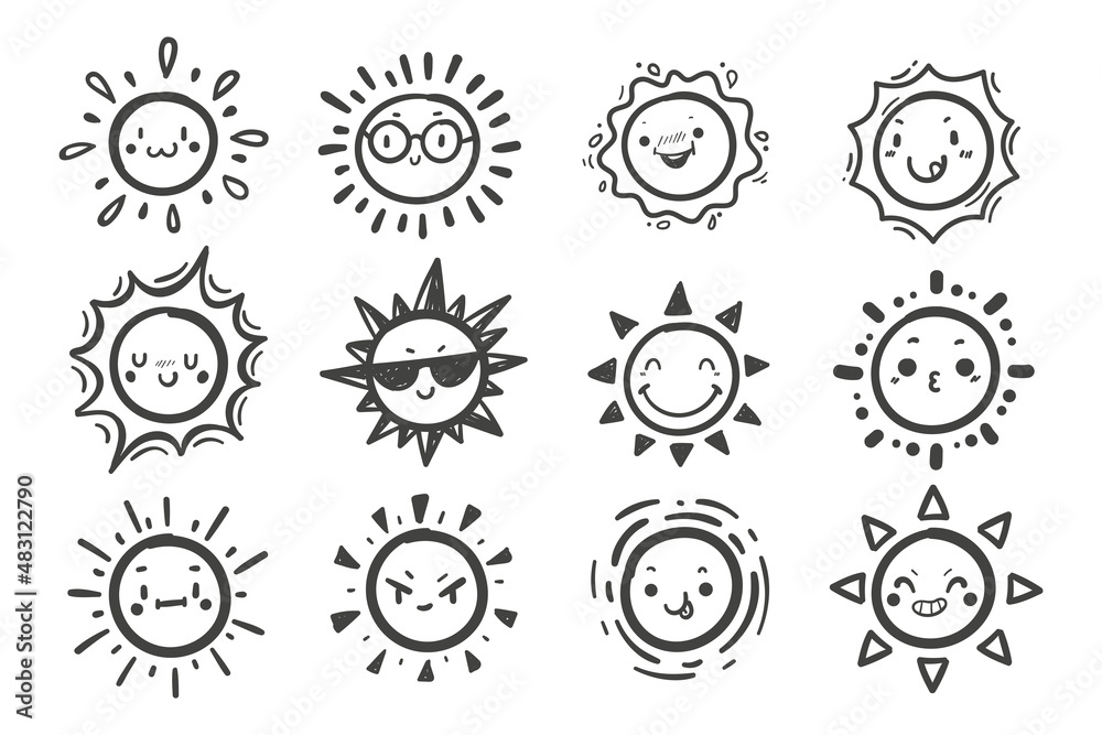 hand drawn cute cartoon character sun set summer solar radiation element