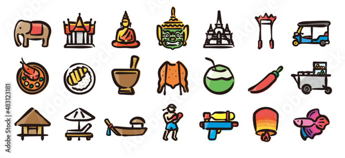 Thailand icon set for graphic (Hand-drawn line, colored version)
