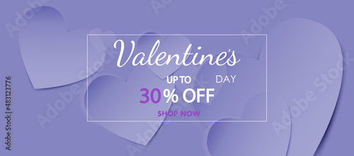 Valentines day sale banner with 3D hearts in Very Peri colors.Valentines Day social media banner.Vector wallpaper, flyers, invitation, website banners, online shopping,poster, brochure. Spesial Offer.