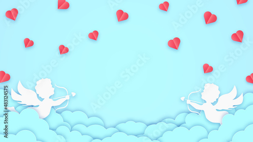 Happy valentines day greeting card background. Place for text. Holiday blue banner with clouds  cupids and hearts. Space for text