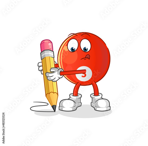 red billiard ball write with pencil. cartoon mascot vector