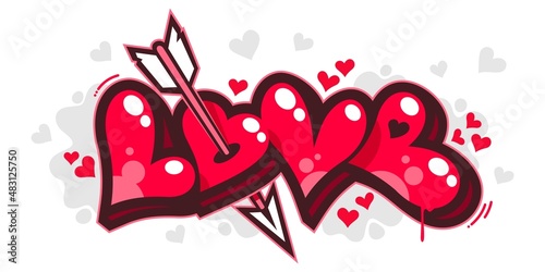Isolated Graffiti Style Word Love With Hearts Text Lettering. Vector Illustration Art For Happy Valentines Day