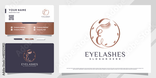 Eyelashes logo initial letter e with creative element and business card design Premium Vector