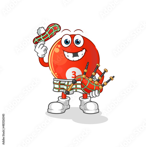 red billiard ball scottish with bagpipes vector. cartoon character