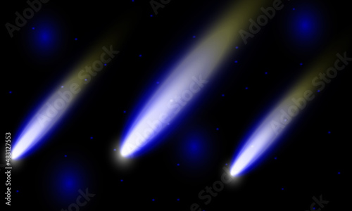 Flying fragments of a meteorite, a bright flash, radiance, particles of glare and dust on a black background
