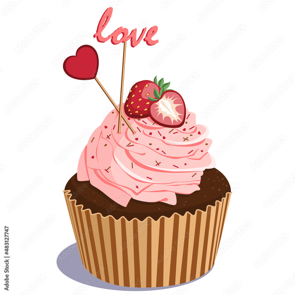 Cupcake with ripe strawberries. Flat lay strawberry muffin design over white. Vector illustration.