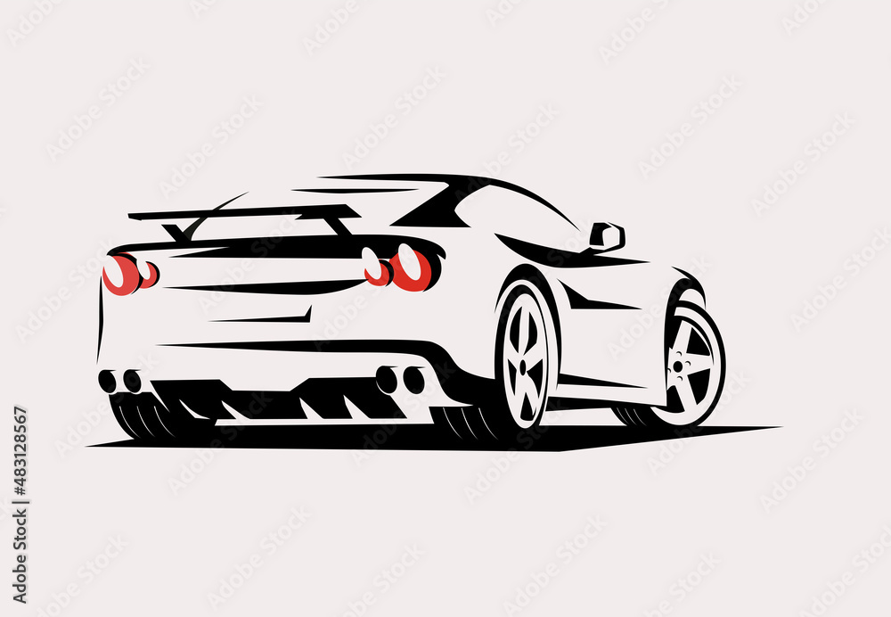 sport car outlined sketch, view from back with motion effect, stylized