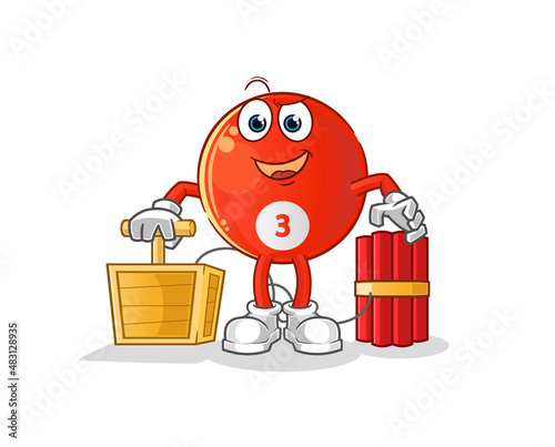 red billiard ball holding dynamite detonator. cartoon mascot vector