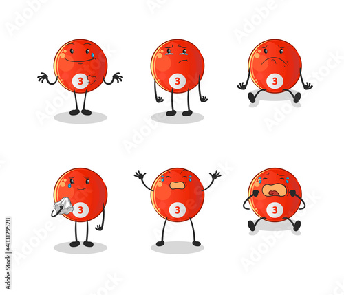red billiard ball sad group character. cartoon mascot vector